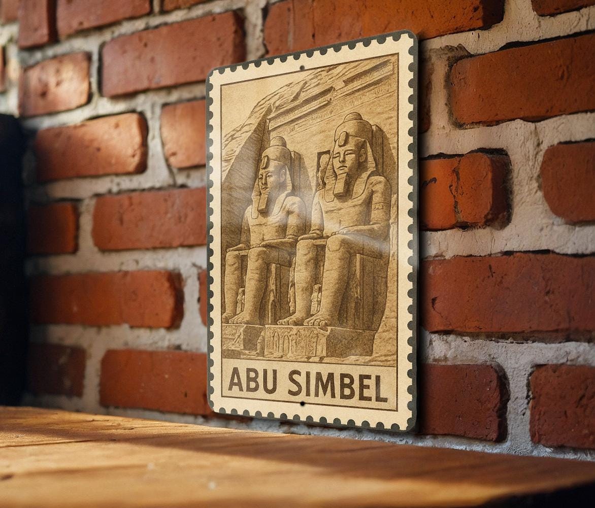 Abu Simbel Colossi Metal Sign – Ancient Egyptian Wall Art, Pharaoh Statue Decor, Vintage Stamp Style Plaque — photo 4