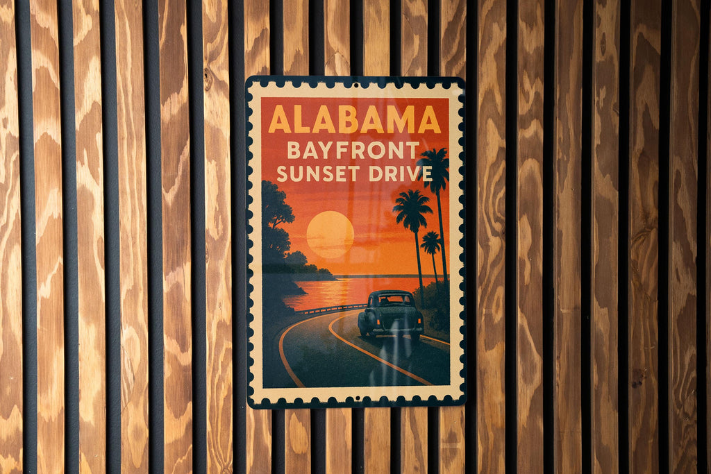 Alabama Bayfront Sunset Drive Metal Sign – Vintage Stamp Style Wall Art, Coastal Home Decor, Retro Beach Road Sign — photo 2