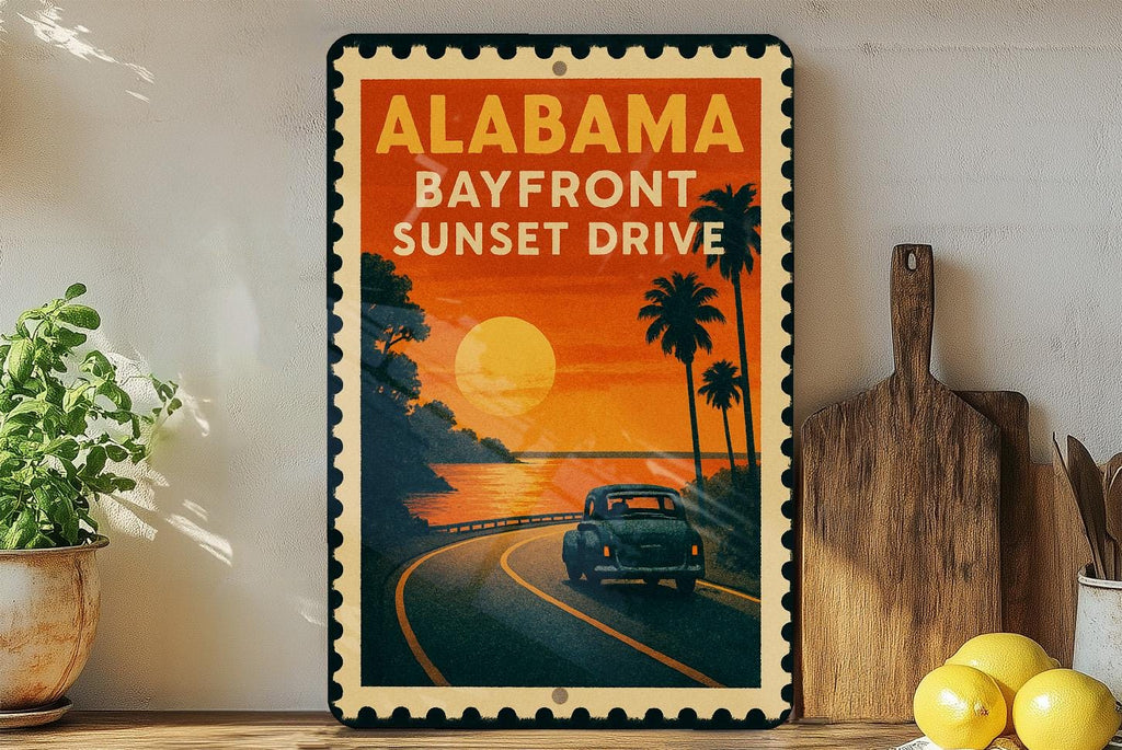 Alabama Bayfront Sunset Drive Metal Sign – Vintage Stamp Style Wall Art, Coastal Home Decor, Retro Beach Road Sign — photo 3