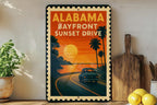 Alabama Bayfront Sunset Drive Metal Sign – Vintage Stamp Style Wall Art, Coastal Home Decor, Retro Beach Road Sign — photo 3