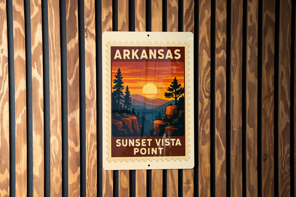 Arkansas Sunset Vista Point Metal Sign – Vintage Stamp Style Wall Art for Home, Cabin, RV, Bar, or Man Cave Decor — photo 1