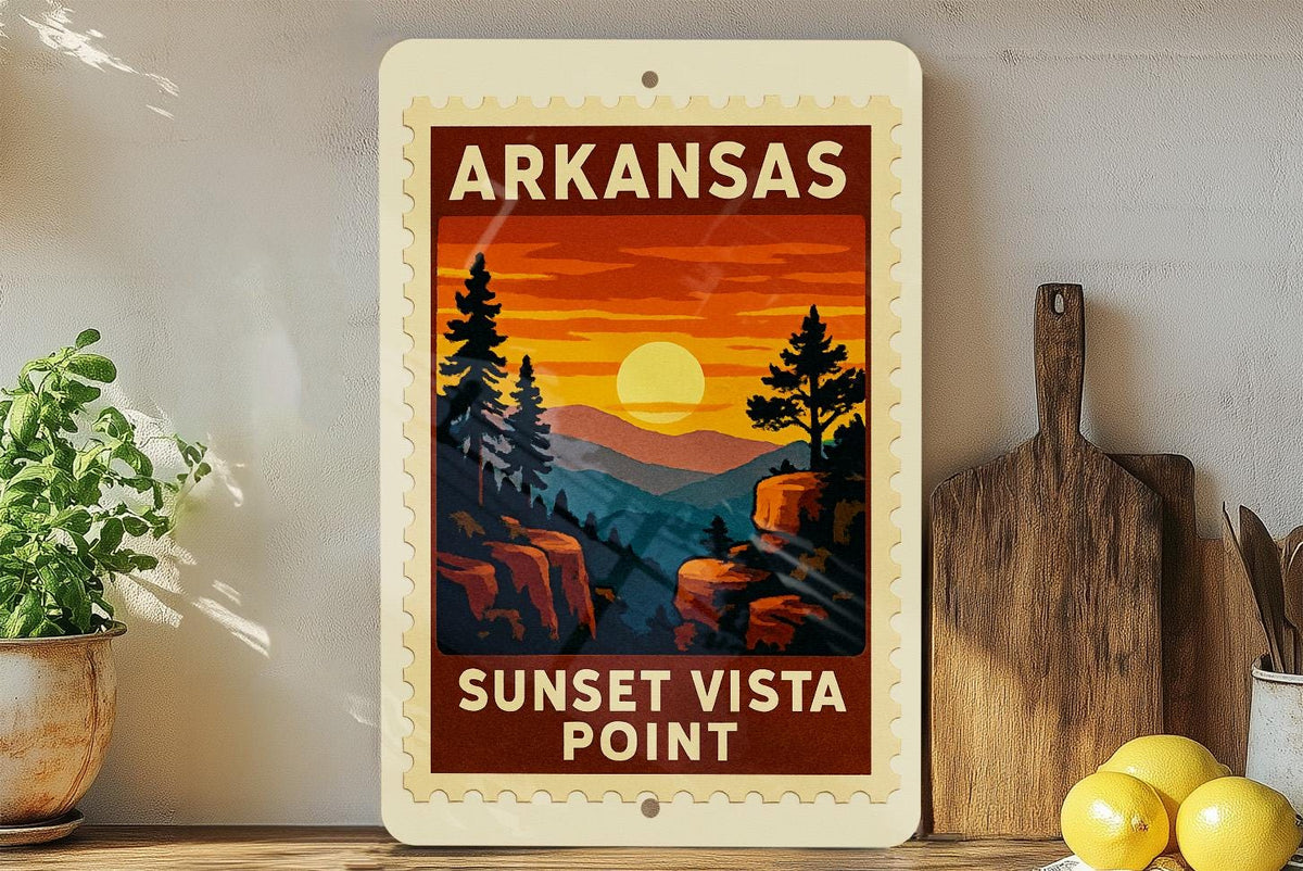 Arkansas Sunset Vista Point Metal Sign – Vintage Stamp Style Wall Art for Home, Cabin, RV, Bar, or Man Cave Decor — photo 4