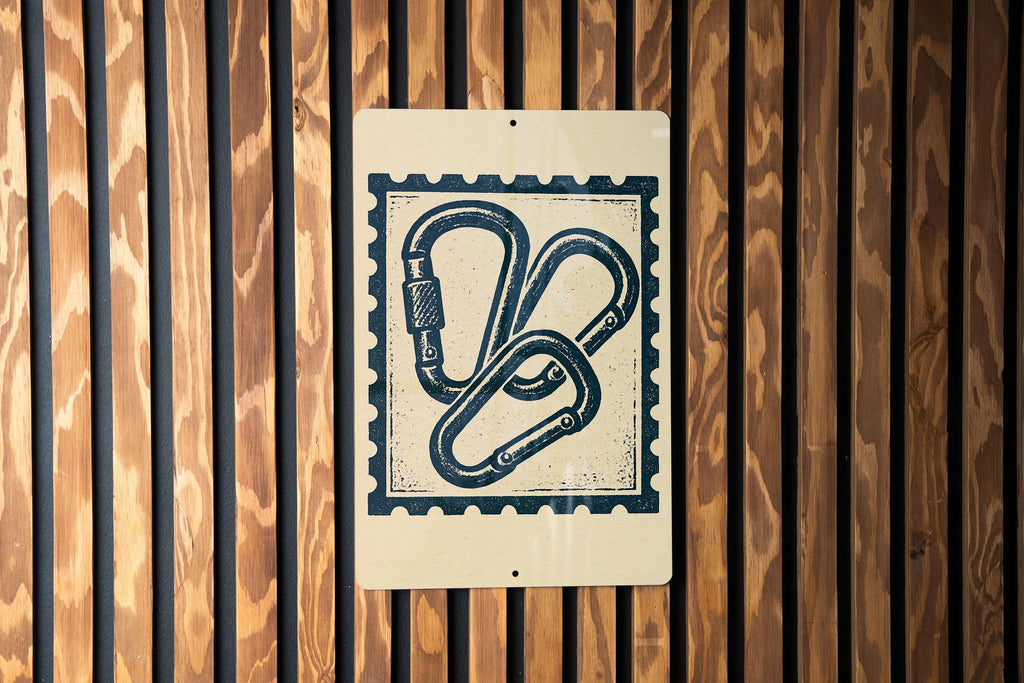Carabiner Stamp Style Metal Sign – Vintage Climbing Gear Wall Art for Hikers, Rustic Adventure Decor, Mountaineering Gift — photo 1