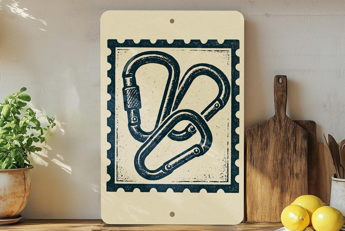 Carabiner Stamp Style Metal Sign – Vintage Climbing Gear Wall Art for Hikers, Rustic Adventure Decor, Mountaineering Gift — photo 2