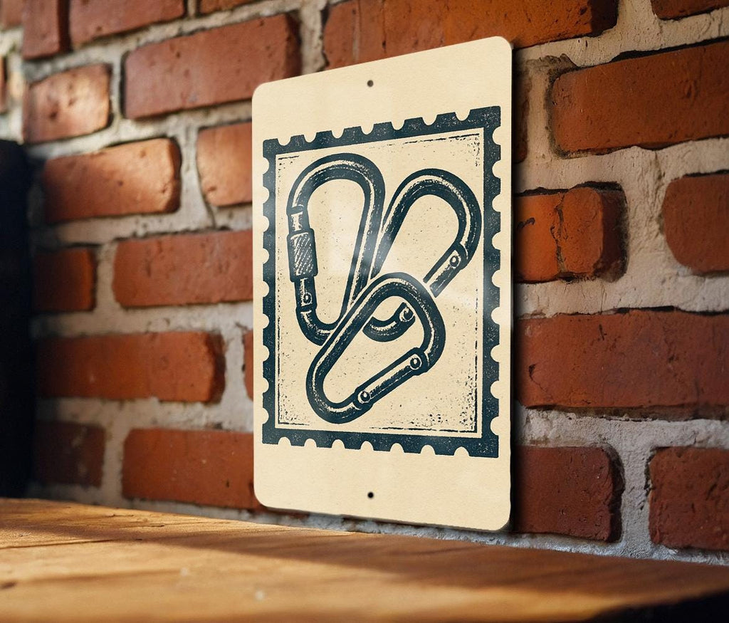 Carabiner Stamp Style Metal Sign – Vintage Climbing Gear Wall Art for Hikers, Rustic Adventure Decor, Mountaineering Gift — photo 3