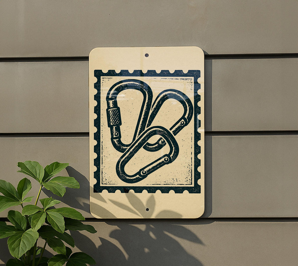 Carabiner Stamp Style Metal Sign – Vintage Climbing Gear Wall Art for Hikers, Rustic Adventure Decor, Mountaineering Gift — photo 5