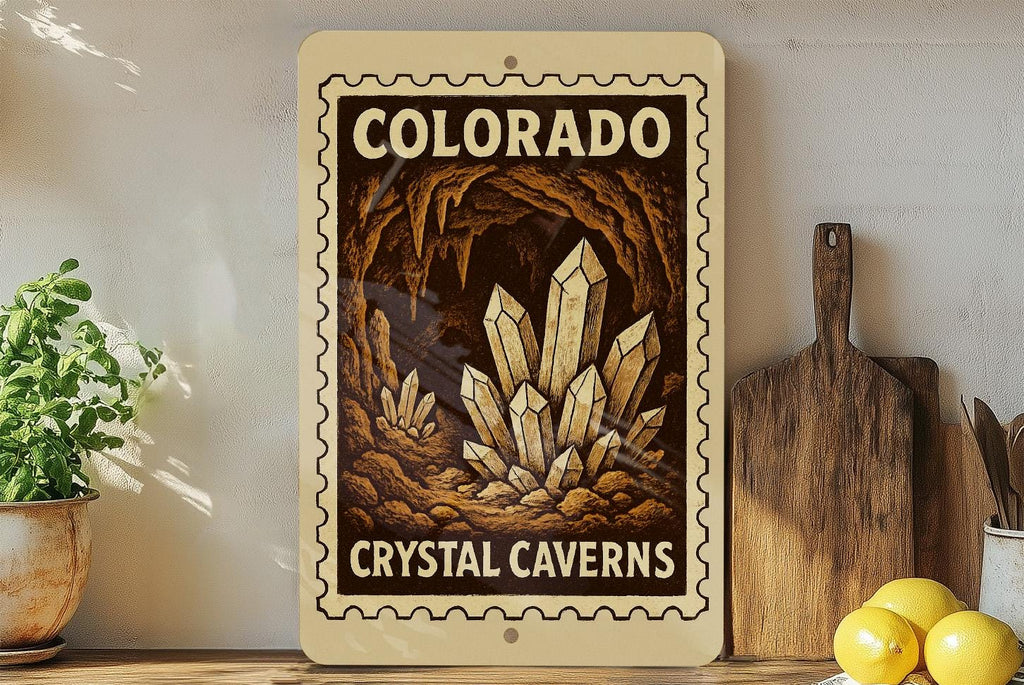 Colorado Crystal Caverns Metal Sign – Vintage Stamp Style Wall Art, Rustic Colorado Decor, Retro Travel Souvenir Sign — photo 1