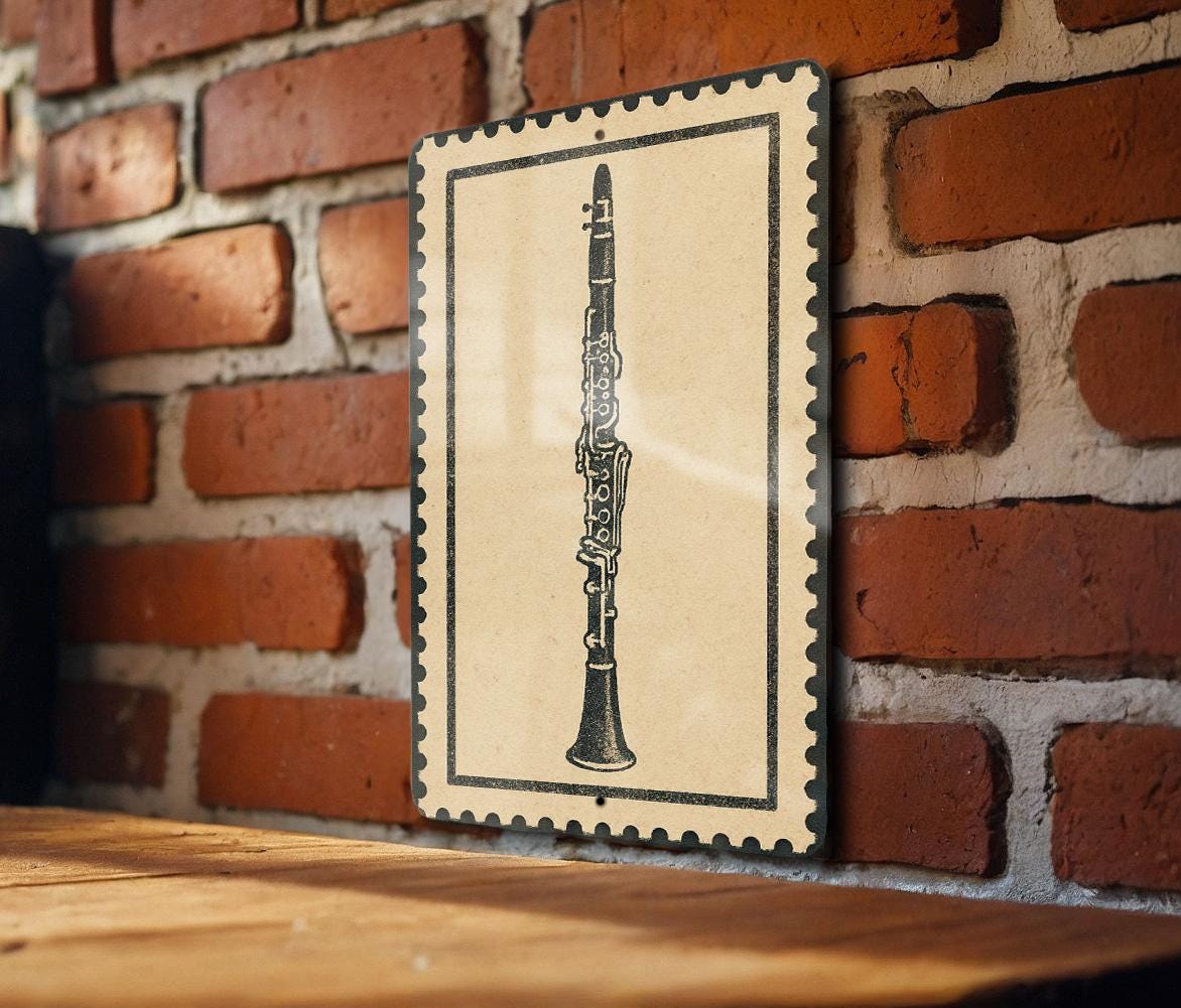 Clarinet Metal Sign – Vintage Stamp Style Wall Art for Musicians, Jazz Band Decor, Music Lover Gift, Rustic Music Room Sign — photo 2