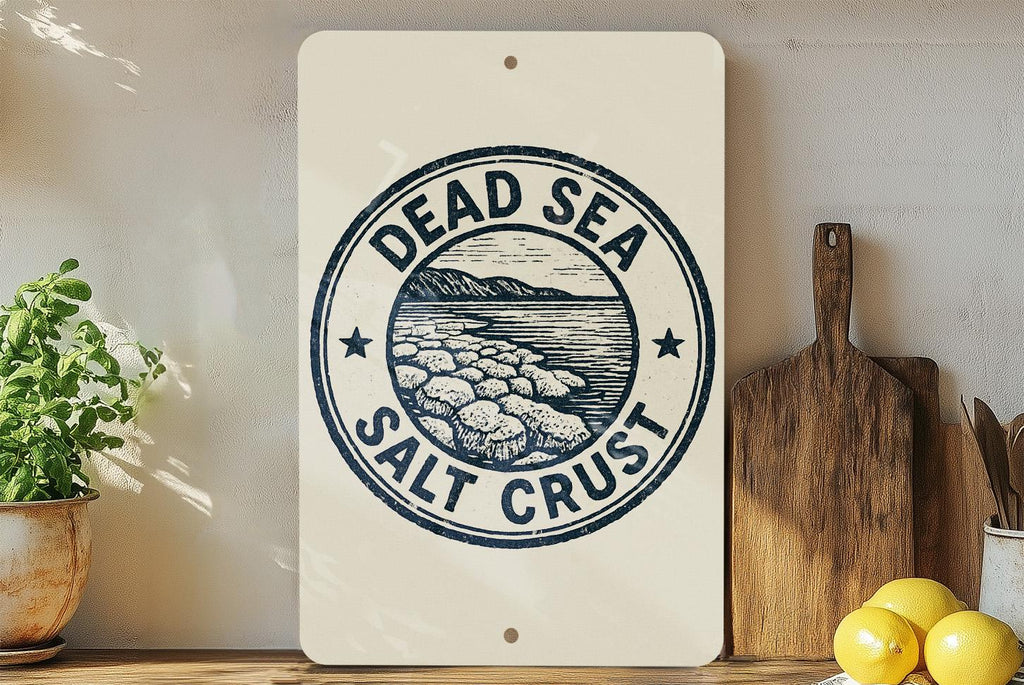 Dead Sea Salt Crust Metal Sign – Vintage Stamp Style Wall Art, Rustic Coastal Decor, Weathered Beach House Tin Sign — photo 1