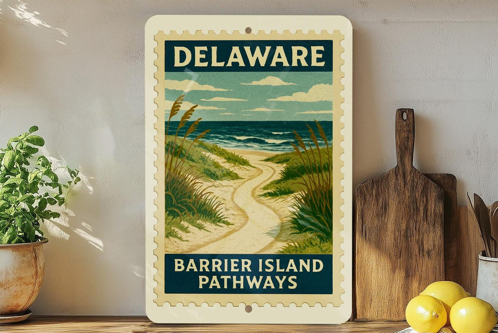 Delaware Barrier Island Pathways Metal Sign – Vintage Stamp Style Wall Art, Coastal Home Decor, Beach House Sign Gift — photo 1