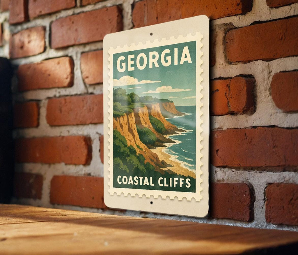 Georgia Coastal Clifftops Metal Sign – Vintage Stamp Style Wall Art, Rustic Beach Decor, Coastal Landscape Home Sign — photo 1