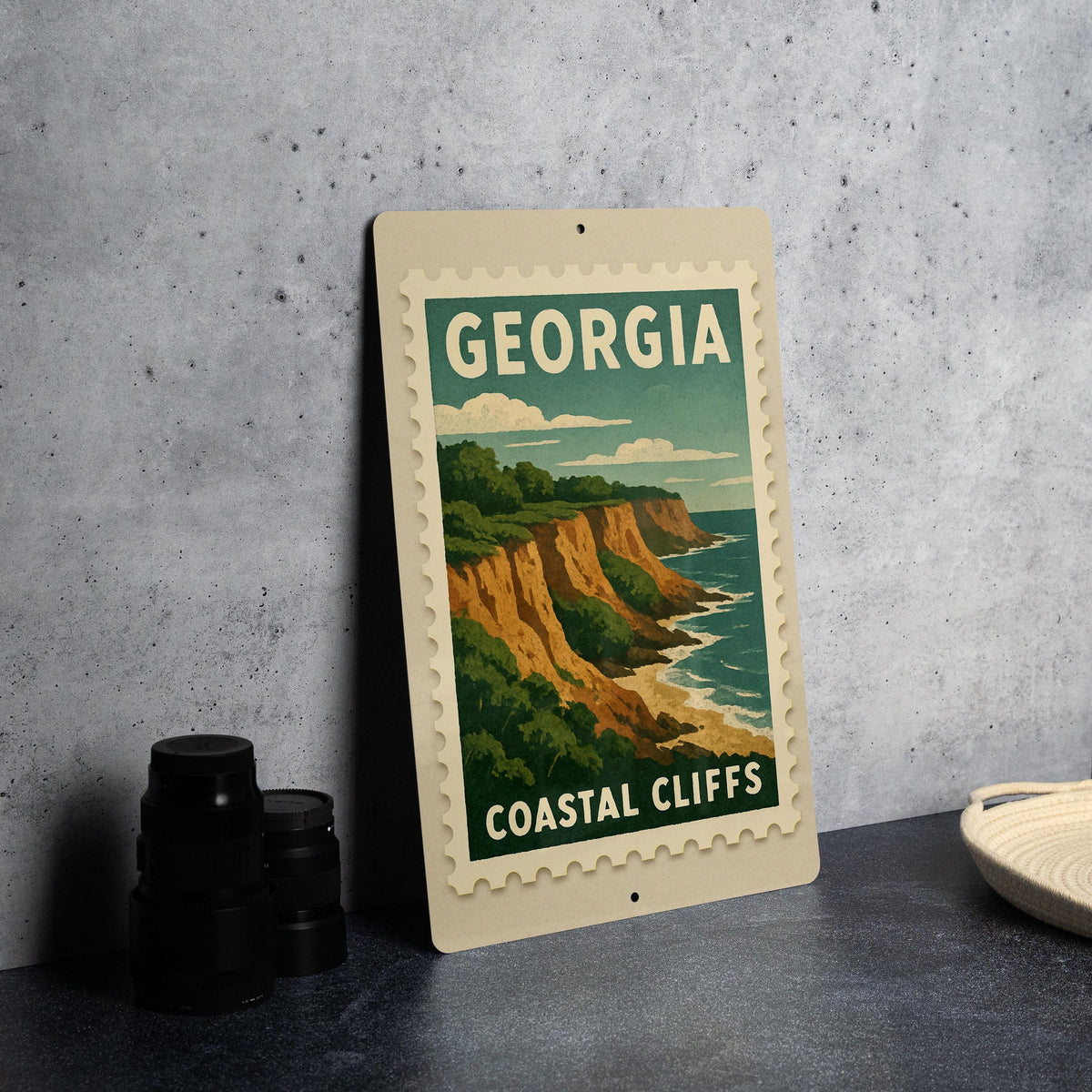 Georgia Coastal Clifftops Metal Sign – Vintage Stamp Style Wall Art, Rustic Beach Decor, Coastal Landscape Home Sign — photo 3