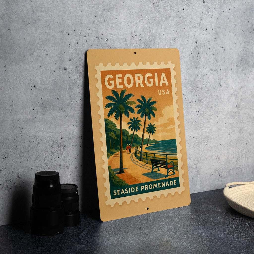 Georgia Seaside Promenade Metal Sign – Vintage Stamp Style Coastal Wall Art, Beach House Decor, Retro Travel Poster Sign — photo 3