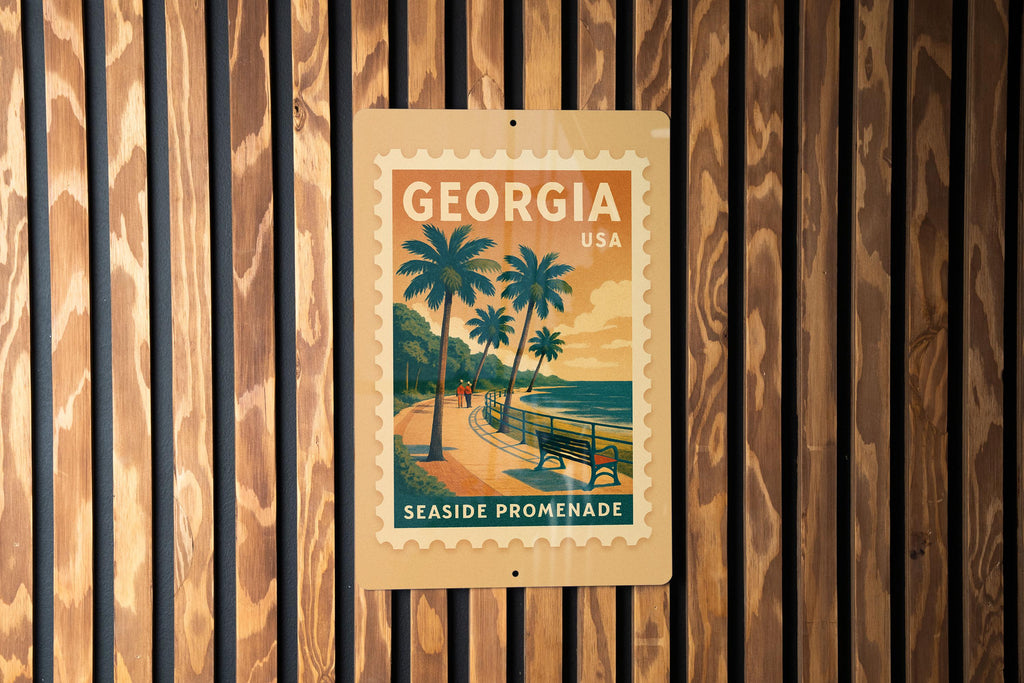 Georgia Seaside Promenade Metal Sign – Vintage Stamp Style Coastal Wall Art, Beach House Decor, Retro Travel Poster Sign — photo 4