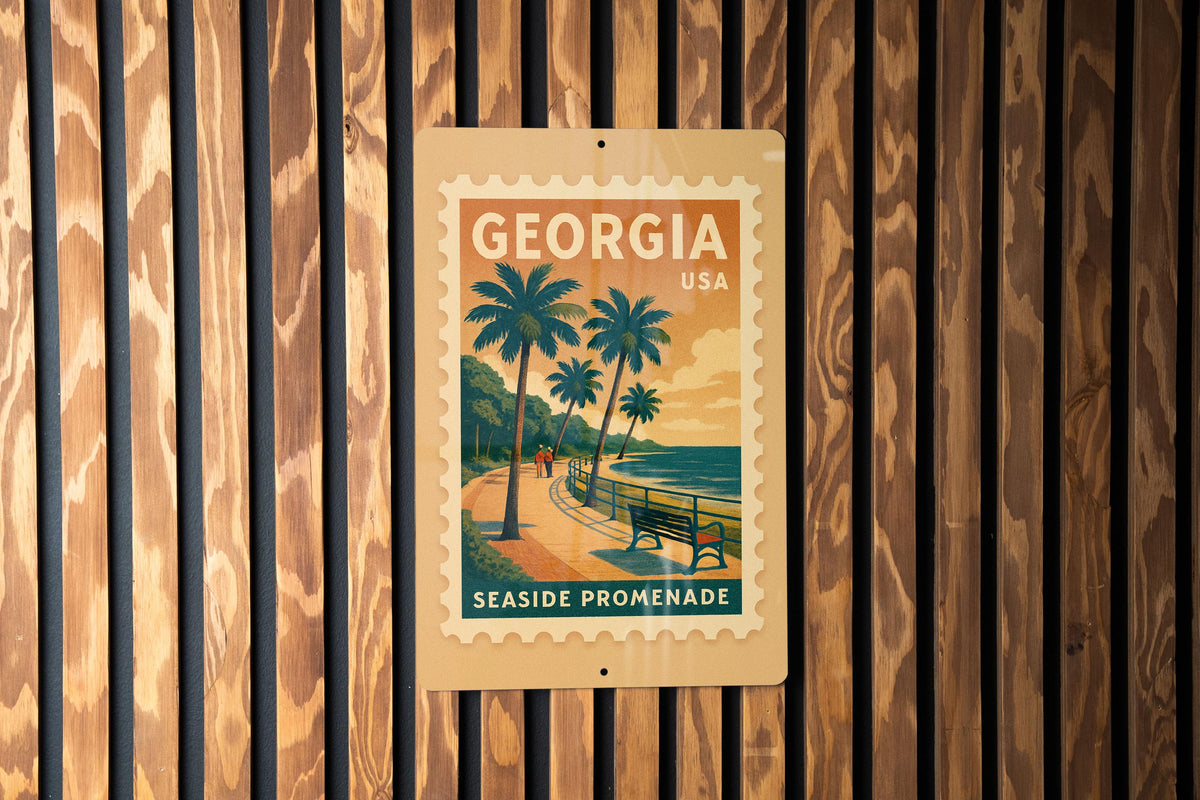 Georgia Seaside Promenade Metal Sign – Vintage Stamp Style Coastal Wall Art, Beach House Decor, Retro Travel Poster Sign — photo 4
