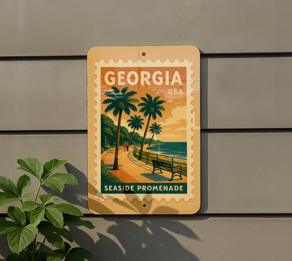 Georgia Seaside Promenade Metal Sign – Vintage Stamp Style Coastal Wall Art, Beach House Decor, Retro Travel Poster Sign — photo 5
