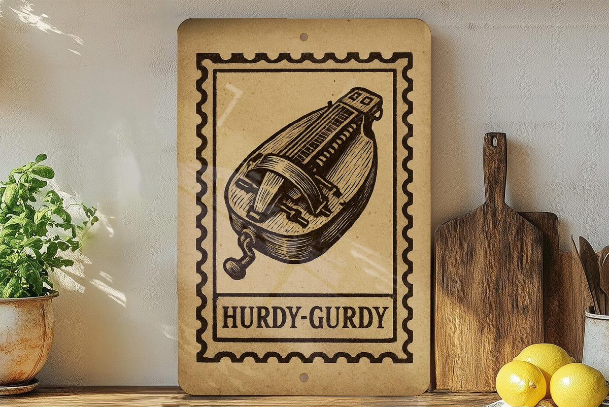 Hurdy-Gurdy Stamp Style Metal Sign – Vintage Music Instrument Wall Art, Rustic Musician Decor, Folk Music Gift — photo 2