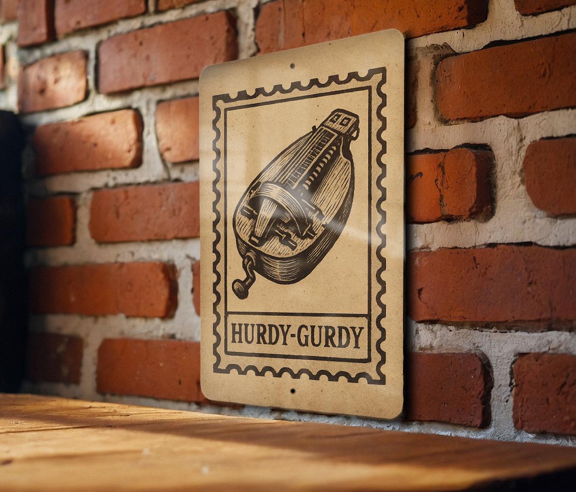 Hurdy-Gurdy Stamp Style Metal Sign – Vintage Music Instrument Wall Art, Rustic Musician Decor, Folk Music Gift — photo 3