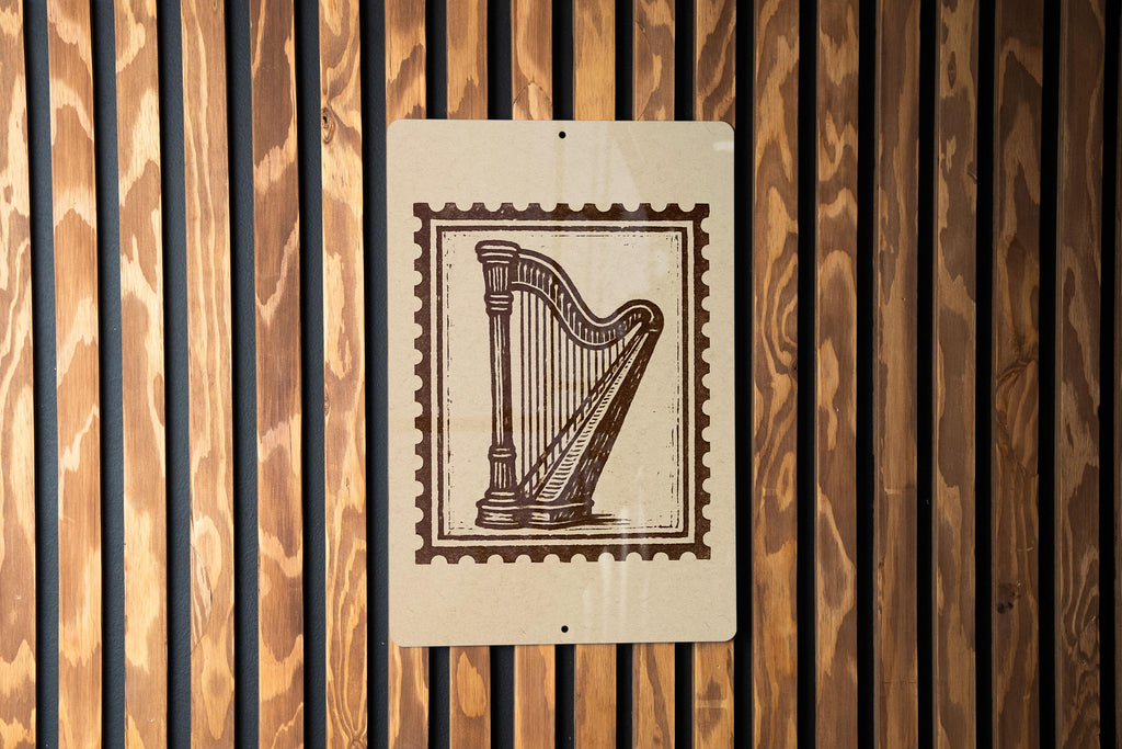 Vintage Harp Stamp Metal Sign – Celtic Music Wall Art, Rustic Irish Decor, Musical Instrument Gift for Music Lovers — photo 1