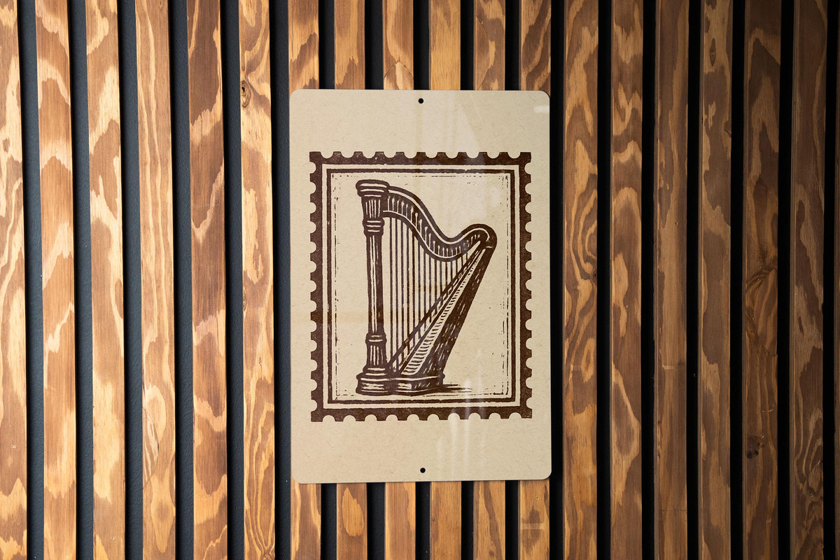 Vintage Harp Stamp Metal Sign – Celtic Music Wall Art, Rustic Irish Decor, Musical Instrument Gift for Music Lovers — photo 1