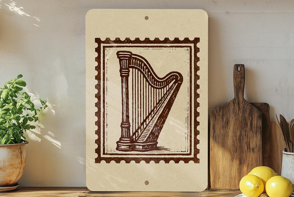 Vintage Harp Stamp Metal Sign – Celtic Music Wall Art, Rustic Irish Decor, Musical Instrument Gift for Music Lovers — photo 3
