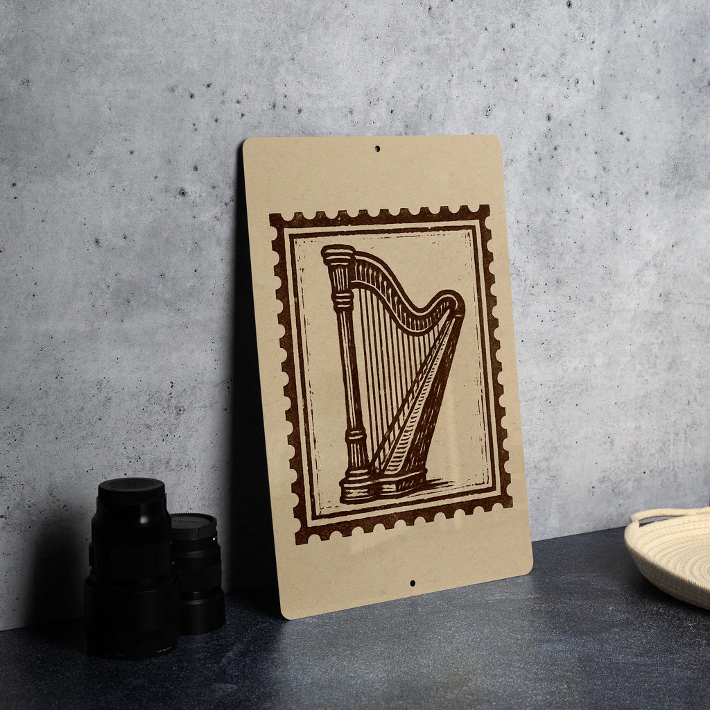 Vintage Harp Stamp Metal Sign – Celtic Music Wall Art, Rustic Irish Decor, Musical Instrument Gift for Music Lovers — photo 4