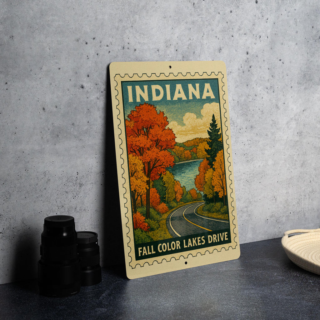 Indiana Fall Colors Scenic Drive Metal Sign – Vintage Stamp Style Wall Art for Lake Lovers & Autumn Decor — photo 1