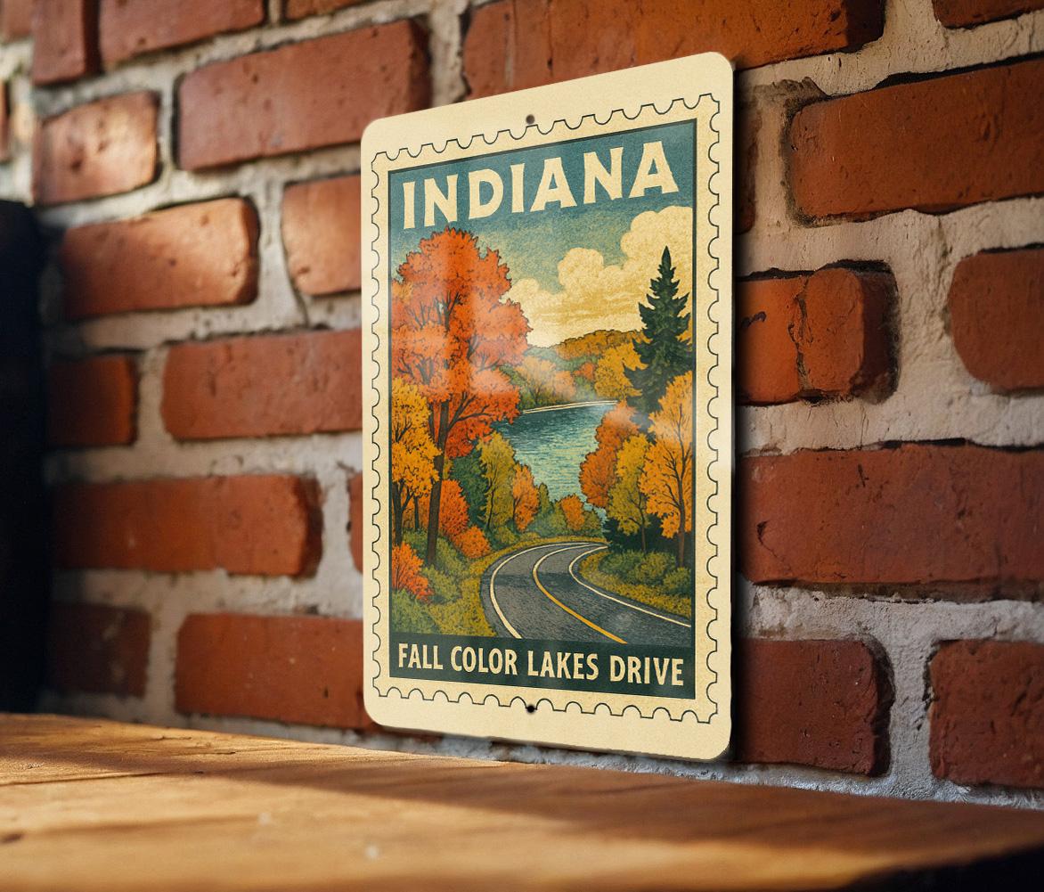 Indiana Fall Colors Scenic Drive Metal Sign – Vintage Stamp Style Wall Art for Lake Lovers & Autumn Decor — photo 2