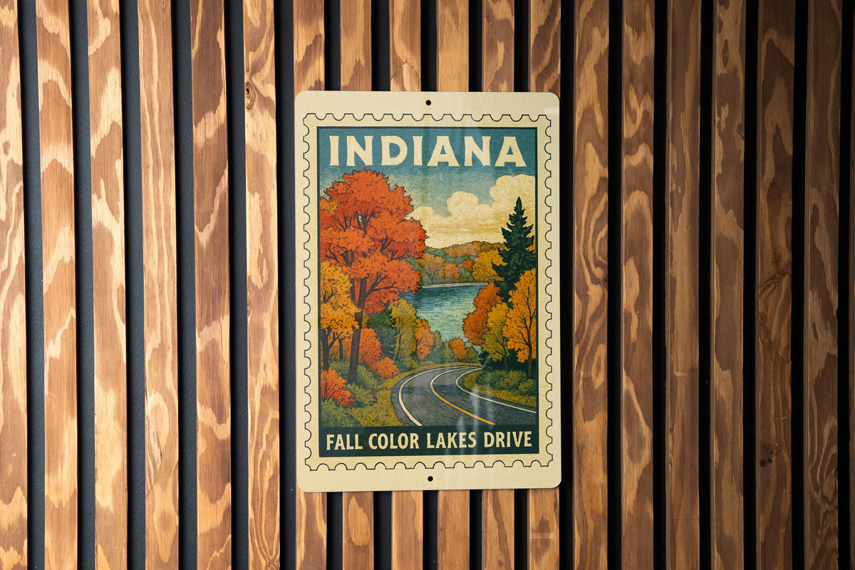 Indiana Fall Colors Scenic Drive Metal Sign – Vintage Stamp Style Wall Art for Lake Lovers & Autumn Decor — photo 3