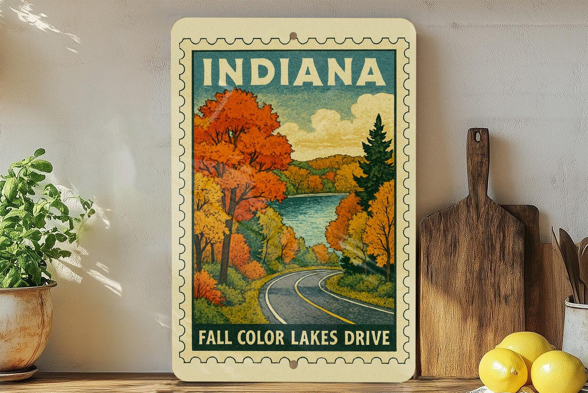 Indiana Fall Colors Scenic Drive Metal Sign – Vintage Stamp Style Wall Art for Lake Lovers & Autumn Decor — photo 4