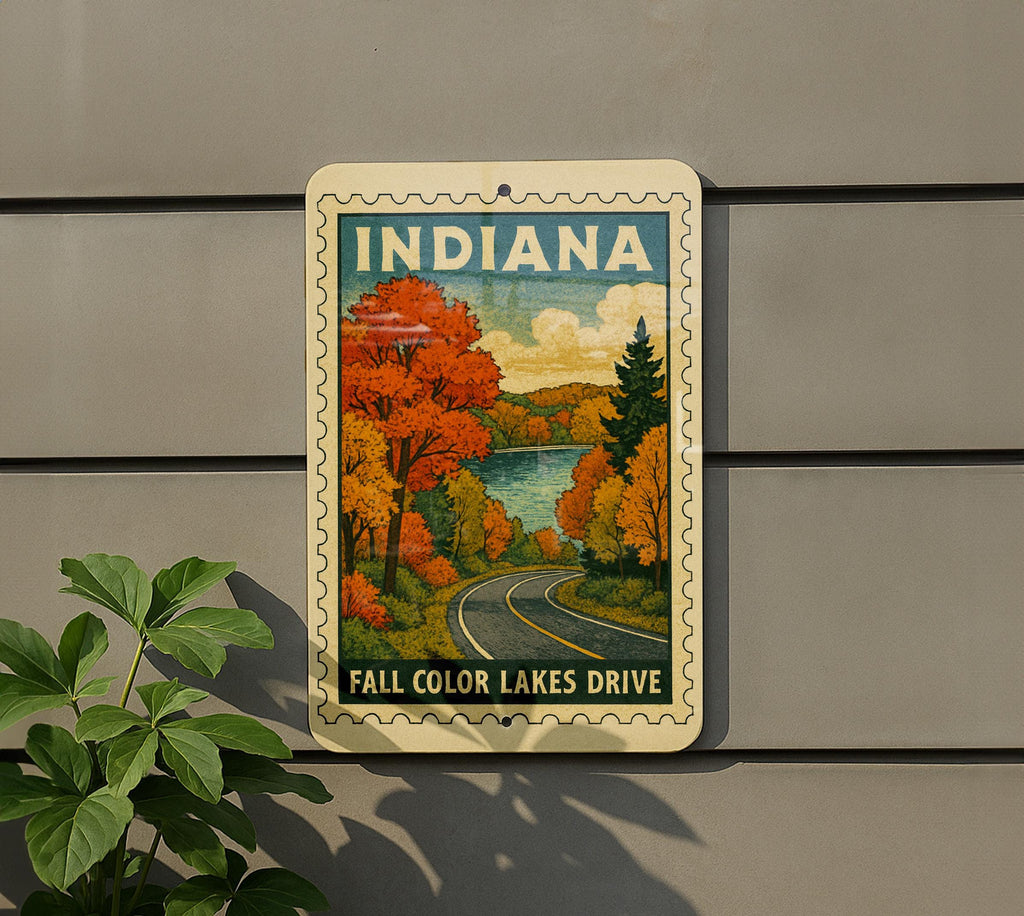 Indiana Fall Colors Scenic Drive Metal Sign – Vintage Stamp Style Wall Art for Lake Lovers & Autumn Decor — photo 5