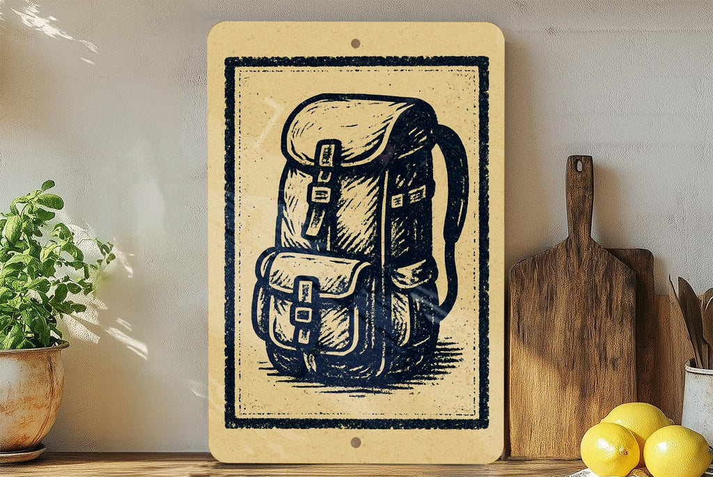 Hiking Backpack Metal Sign – Rustic Stamp Style Wall Art for Campers, Outdoorsy Decor for Cabin, Lodge or Adventure Room — photo 2