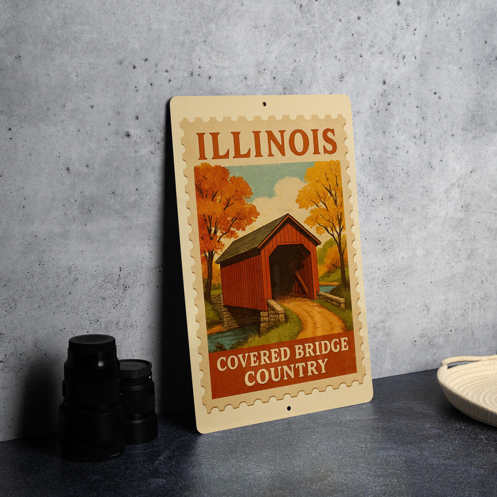 Illinois Covered Bridge Country Metal Sign – Vintage Rustic Wall Art, Retro Travel Stamp Decor for Home, Cabin, or Man Cave — photo 1