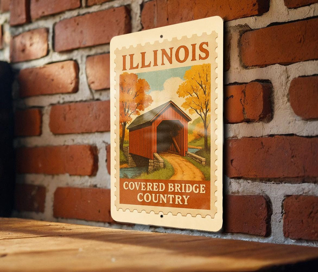 Illinois Covered Bridge Country Metal Sign – Vintage Rustic Wall Art, Retro Travel Stamp Decor for Home, Cabin, or Man Cave — photo 2