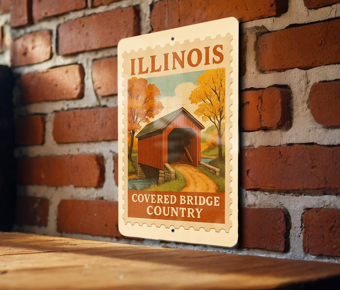 Illinois Covered Bridge Country Metal Sign – Vintage Rustic Wall Art, Retro Travel Stamp Decor for Home, Cabin, or Man Cave — photo 2