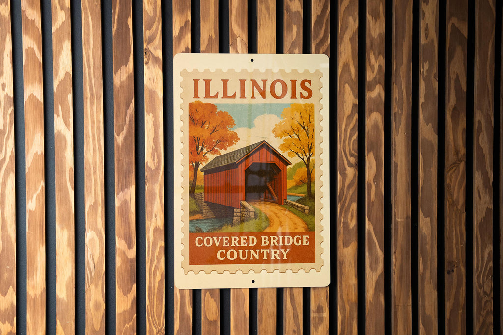 Illinois Covered Bridge Country Metal Sign – Vintage Rustic Wall Art, Retro Travel Stamp Decor for Home, Cabin, or Man Cave — photo 3