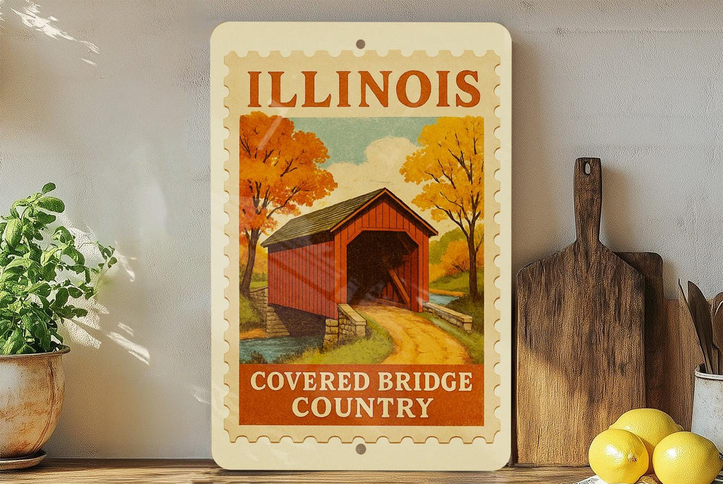 Illinois Covered Bridge Country Metal Sign – Vintage Rustic Wall Art, Retro Travel Stamp Decor for Home, Cabin, or Man Cave — photo 4