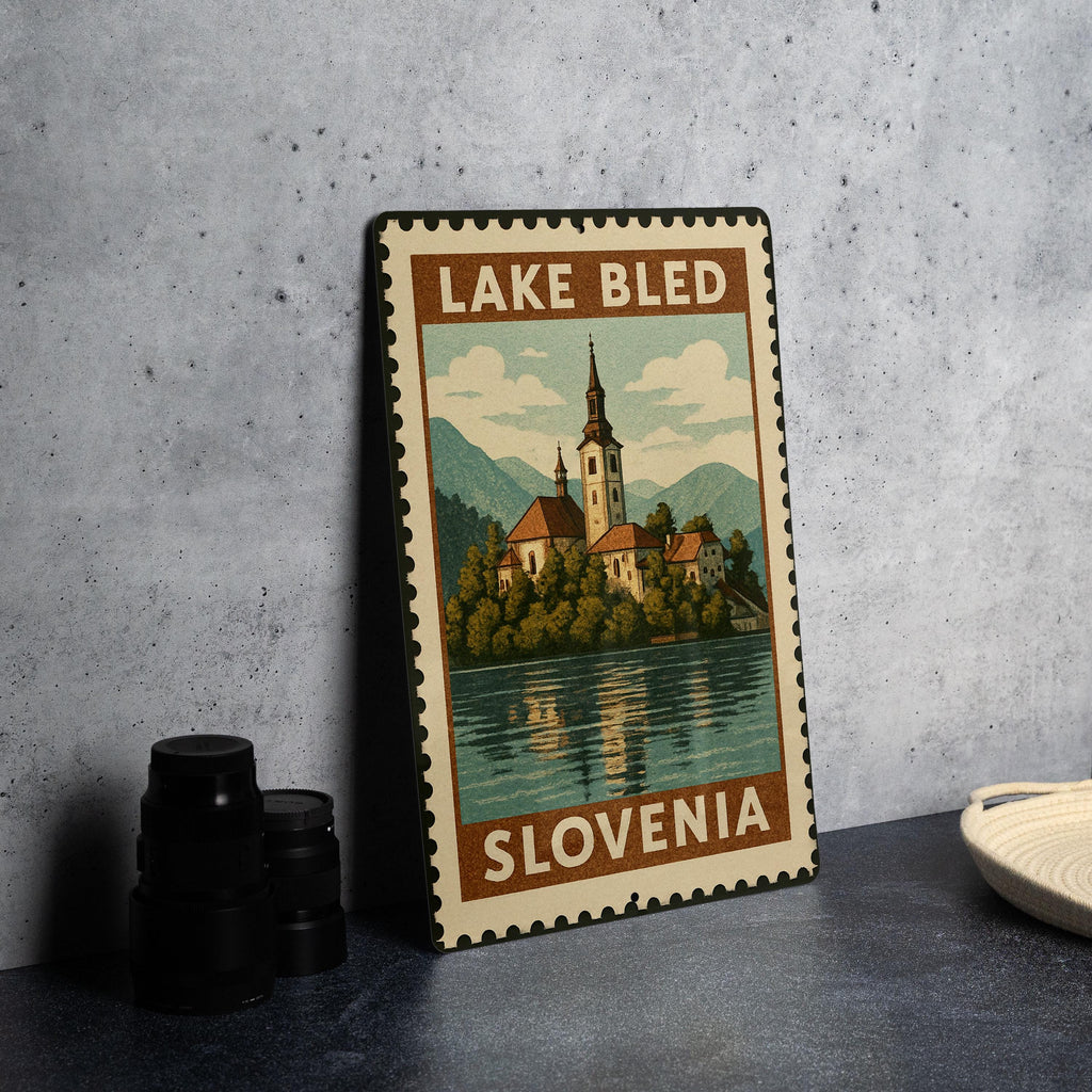 Lake Bled Island Church Metal Sign – Vintage Stamp Style Wall Art, Slovenia Travel Decor, European Landmark Gift — photo 1