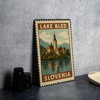 Lake Bled Island Church Metal Sign – Vintage Stamp Style Wall Art, Slovenia Travel Decor, European Landmark Gift — photo 1