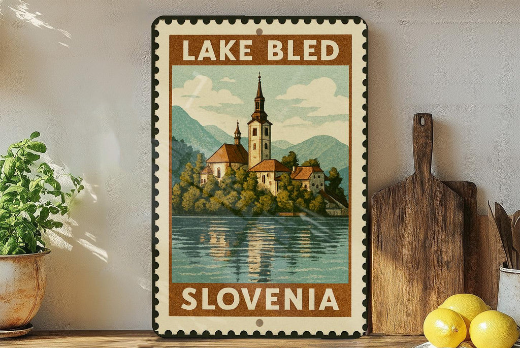 Lake Bled Island Church Metal Sign – Vintage Stamp Style Wall Art, Slovenia Travel Decor, European Landmark Gift — photo 2