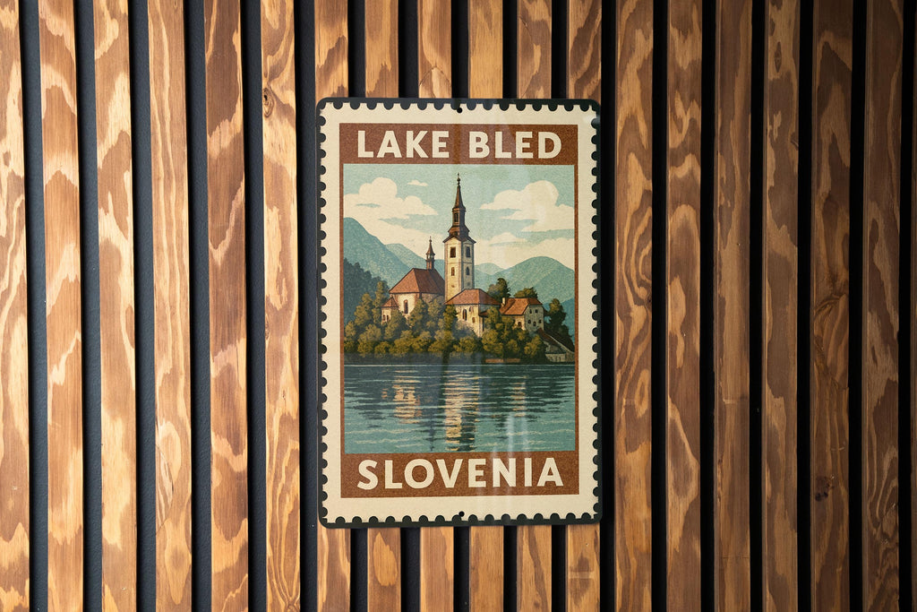 Lake Bled Island Church Metal Sign – Vintage Stamp Style Wall Art, Slovenia Travel Decor, European Landmark Gift — photo 3