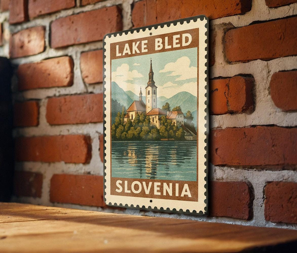 Lake Bled Island Church Metal Sign – Vintage Stamp Style Wall Art, Slovenia Travel Decor, European Landmark Gift — photo 4