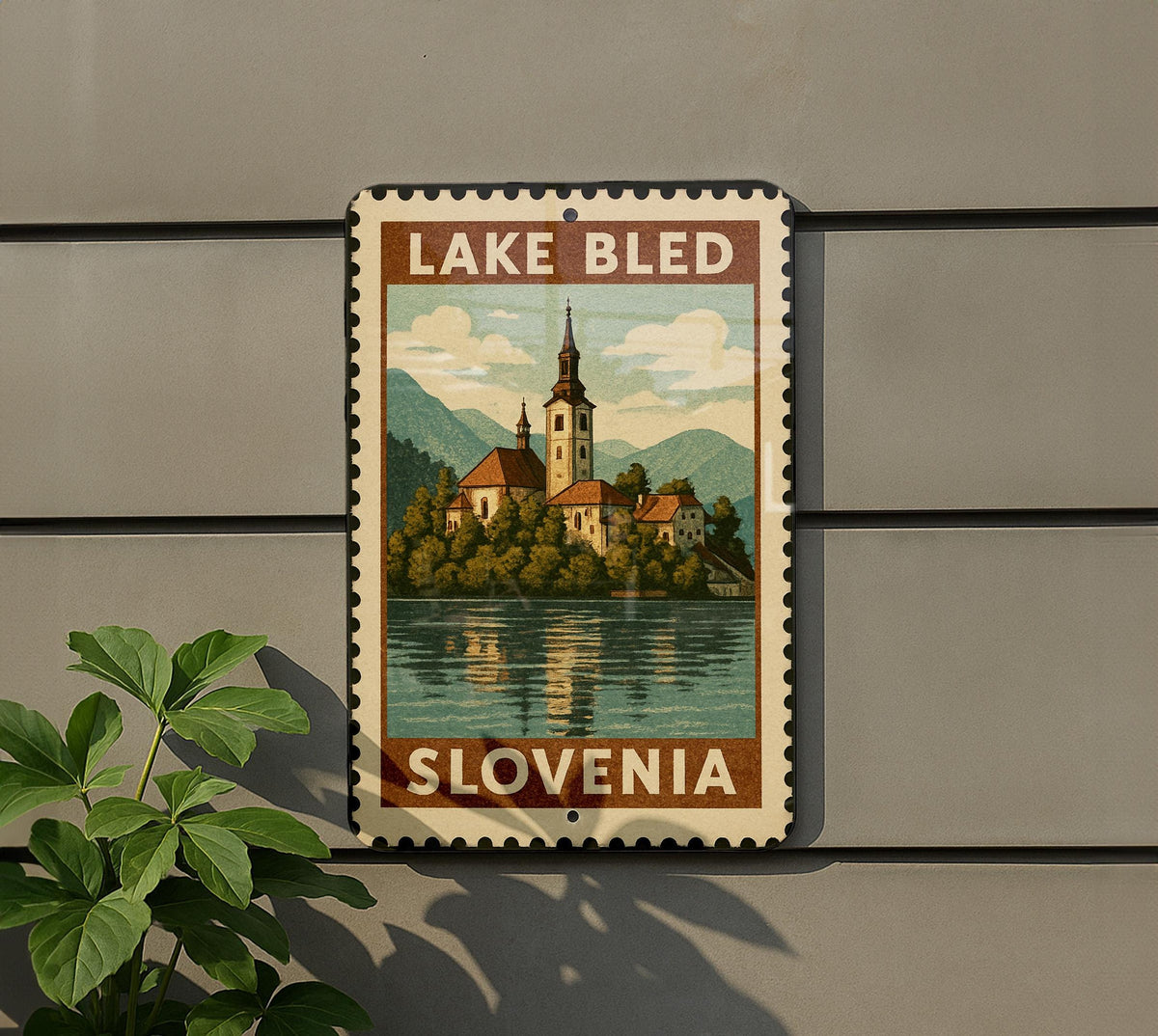 Lake Bled Island Church Metal Sign – Vintage Stamp Style Wall Art, Slovenia Travel Decor, European Landmark Gift — photo 5