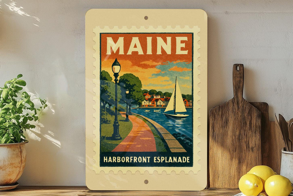 Maine Harborfront Esplanade Metal Sign – Vintage Stamp Style Wall Art, Coastal Nautical Home Decor for Beach House — photo 2