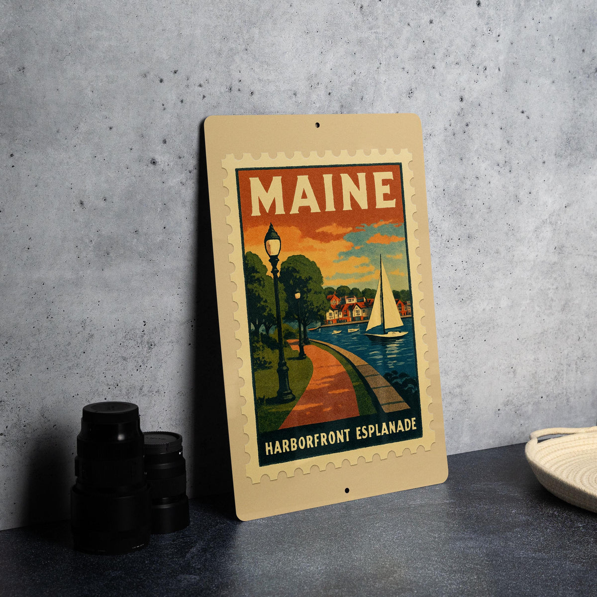 Maine Harborfront Esplanade Metal Sign – Vintage Stamp Style Wall Art, Coastal Nautical Home Decor for Beach House — photo 3