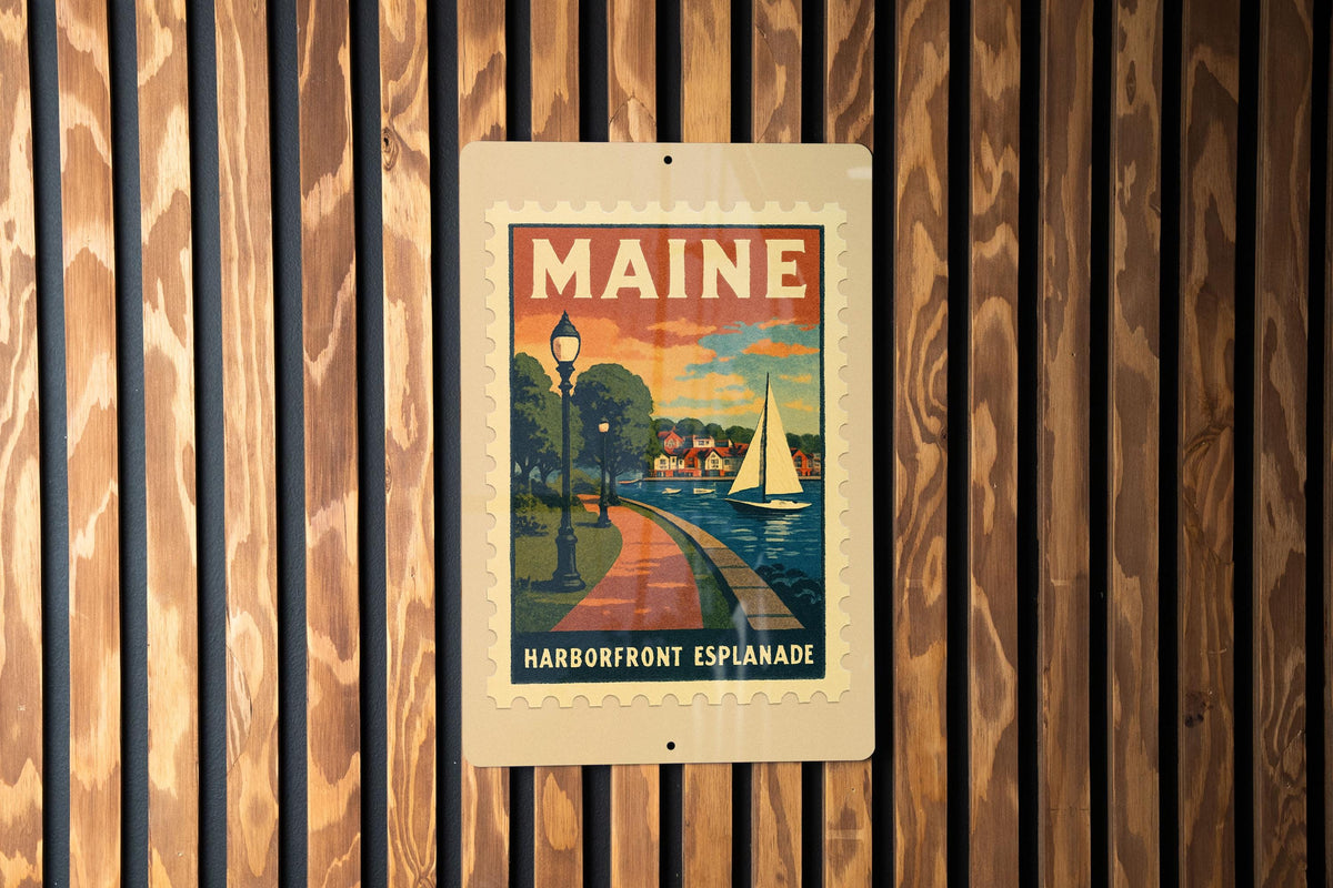Maine Harborfront Esplanade Metal Sign – Vintage Stamp Style Wall Art, Coastal Nautical Home Decor for Beach House — photo 4