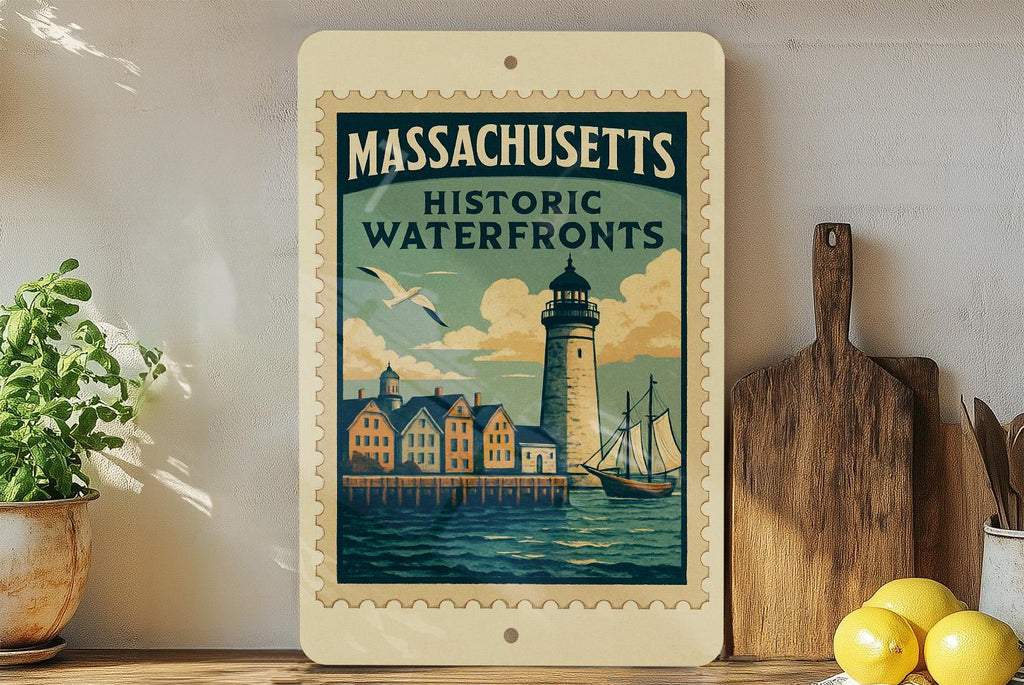 Massachusetts Historic Waterfronts Metal Sign – Vintage Stamp Style Wall Art, Coastal Home Decor, Nautical State Souvenir — photo 1