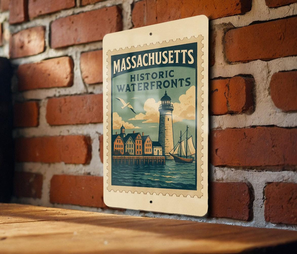 Massachusetts Historic Waterfronts Metal Sign – Vintage Stamp Style Wall Art, Coastal Home Decor, Nautical State Souvenir — photo 2