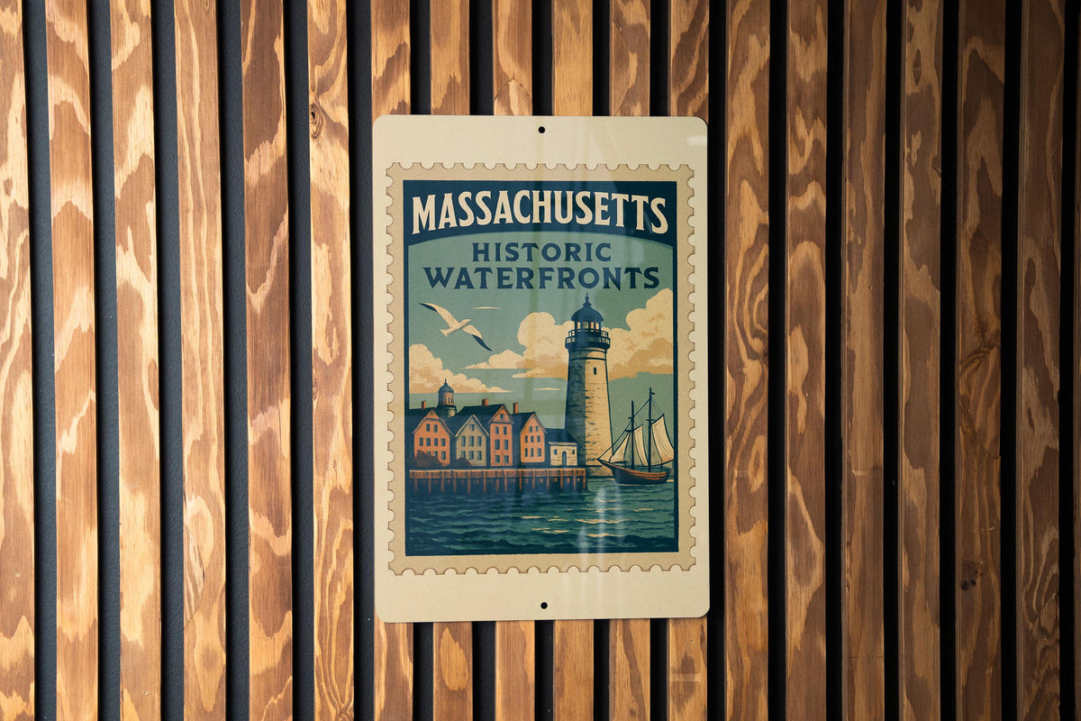 Massachusetts Historic Waterfronts Metal Sign – Vintage Stamp Style Wall Art, Coastal Home Decor, Nautical State Souvenir — photo 3