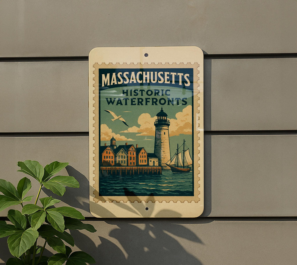 Massachusetts Historic Waterfronts Metal Sign – Vintage Stamp Style Wall Art, Coastal Home Decor, Nautical State Souvenir — photo 5